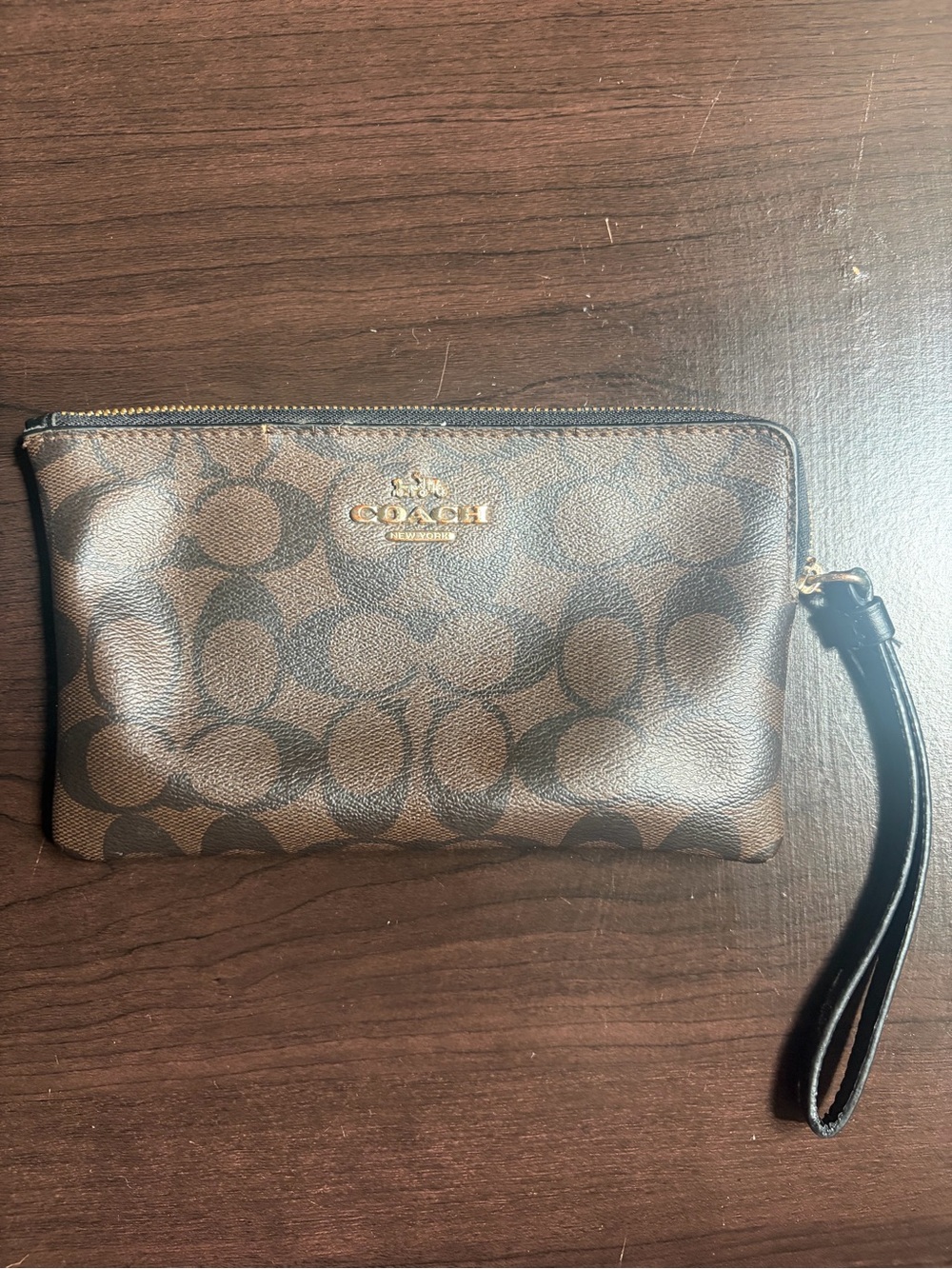 Coach Brown Logo Coated Canvas Wristlet with Gold Hardware